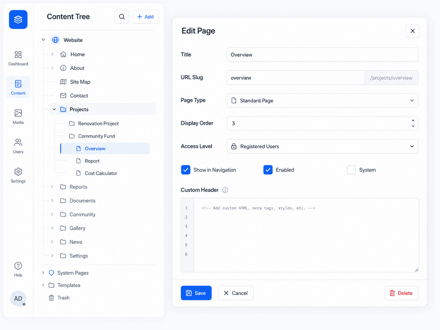 Tricycle admin screen with the page tree